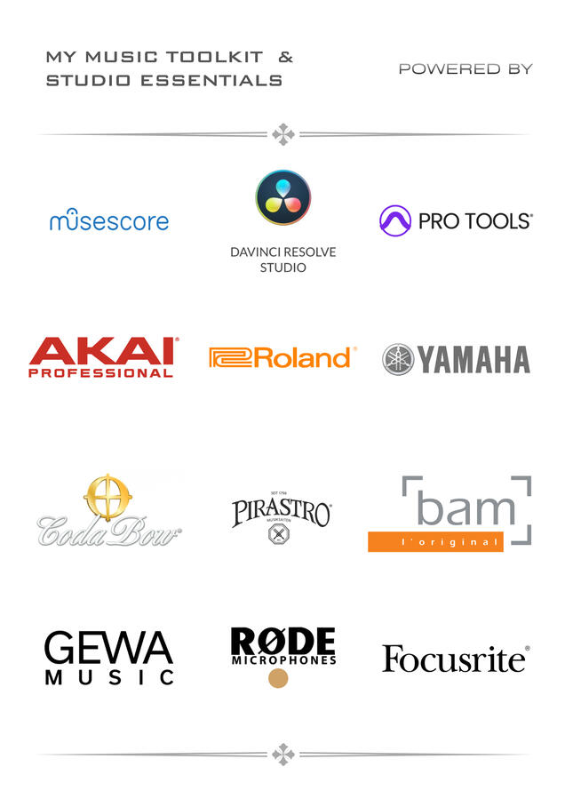 Logos of music gear and software brands including Roland, Yamaha, Akai, Rode, GEWA, Focusrite, Pirastro, Ableton, Davinci, all used for violin and piano production and recording.