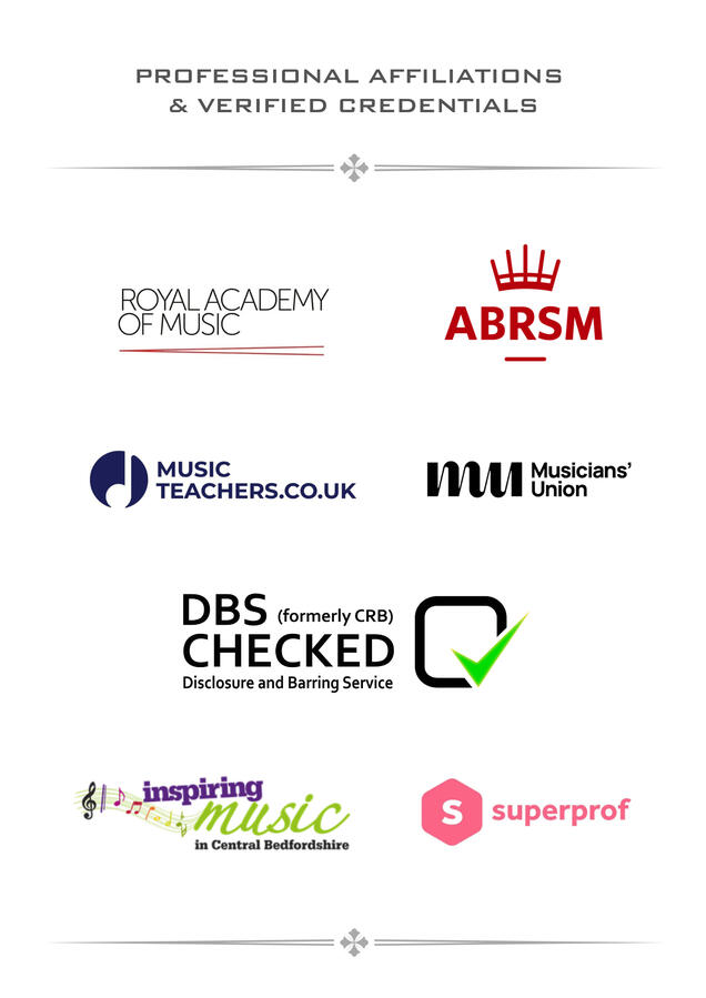 Affiliation icons showing professional music teaching credentials and memberships: ABRSM, Musicians’ Union, MusicTeachers.co.uk, MyMusicStaff, DBS, and Royal Academy of Music.